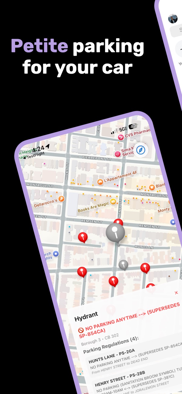 Smart Park NYC map with fire hydrant pins and the parking rules for a hydrant