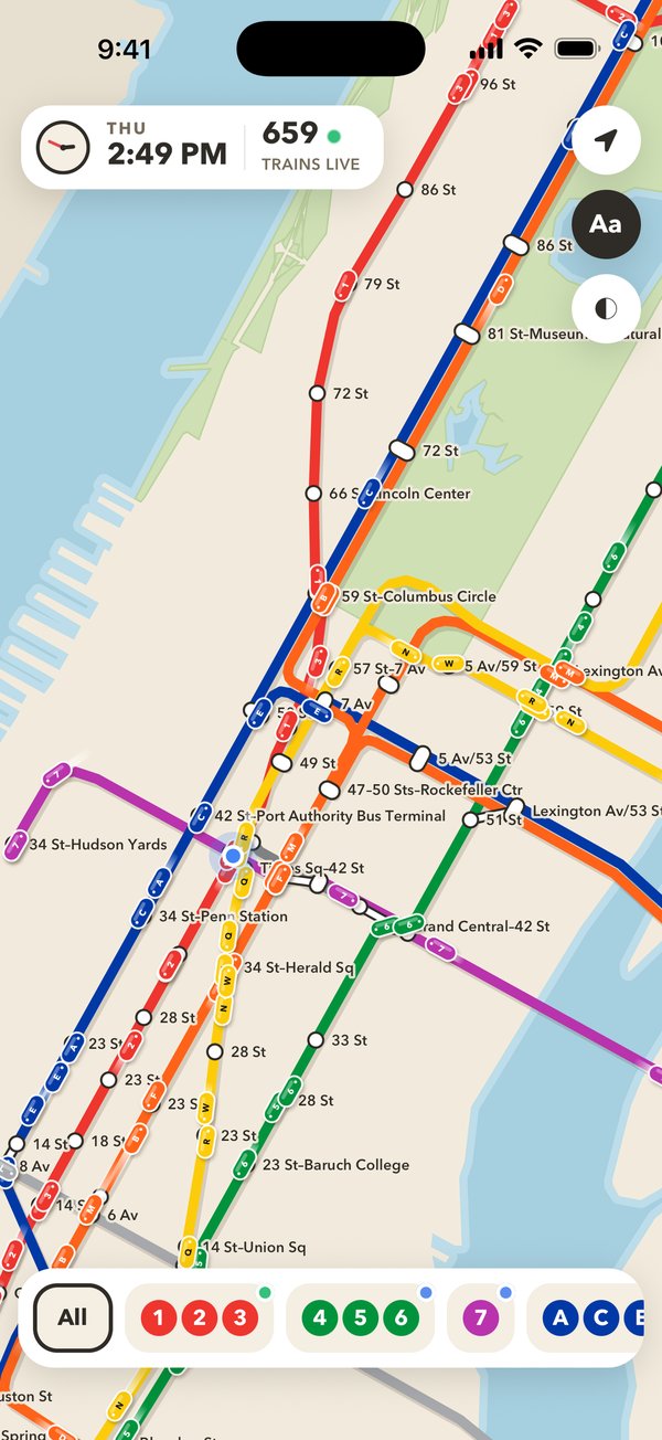 NYC Subway Live map of Manhattan with live trains on every line