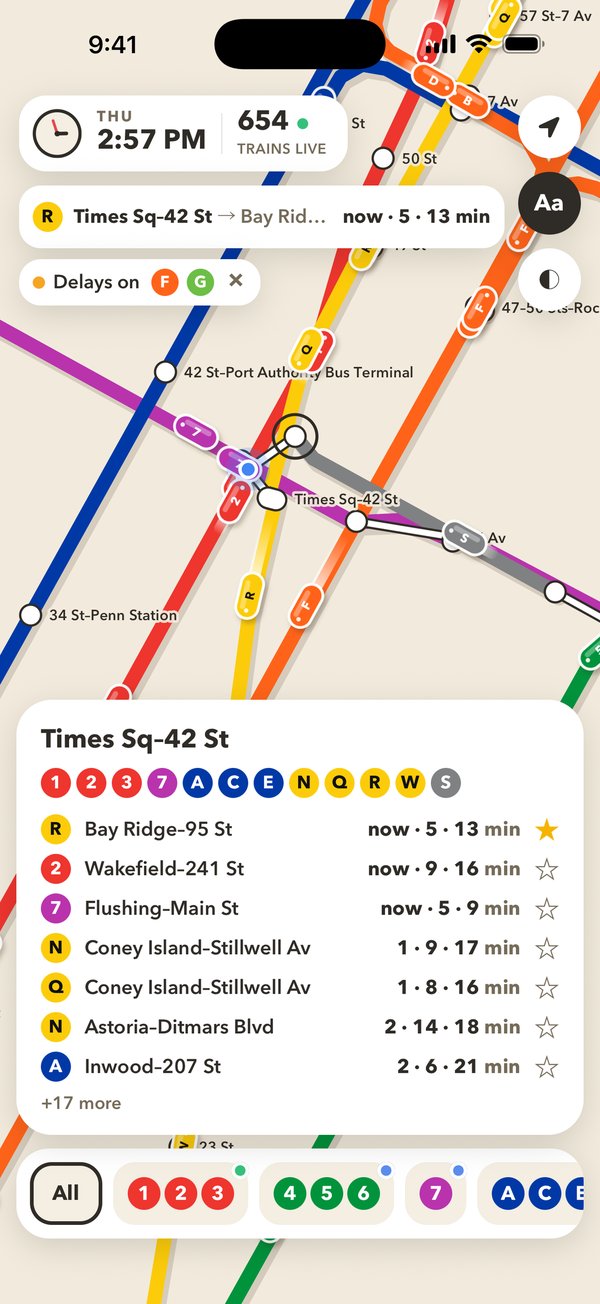 Times Sq-42 St arrivals, with a starred R train pinned above the map