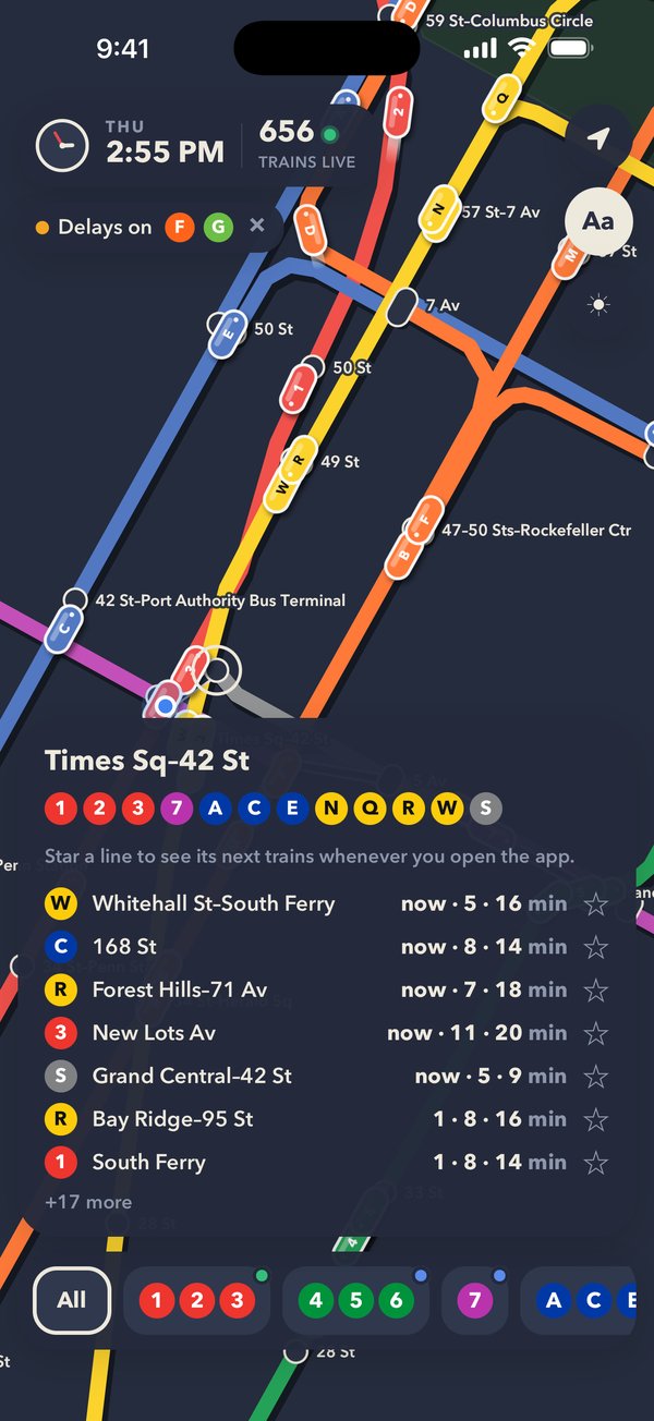 The map in dark mode around Times Square, with the station’s next trains